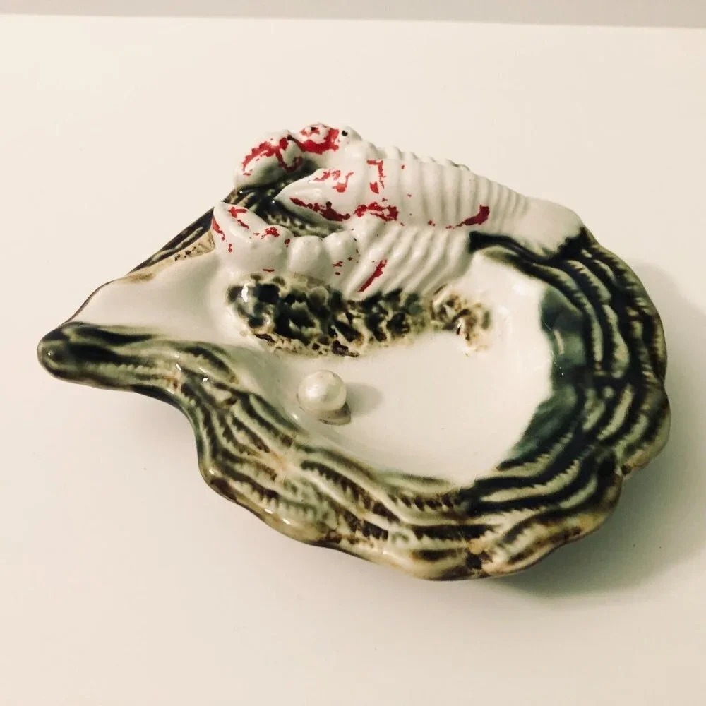 Vtg Oyster Shell Ashtray with Lobster Pearl Dish Japan Trinket Dish